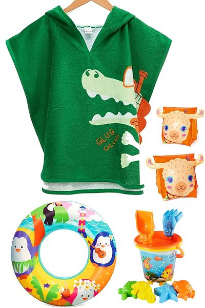 Ewason (3-5Years) Children's Poncho Beach Towel + Beach Sand Bucket and Inflatable Oversleeve Bagel Swimming Fun Set