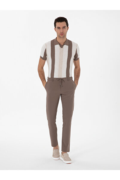 Cacharel Bej Slim Fit Beli Bağcıklı Esnek Klasik Pantolon 50310507-VR011