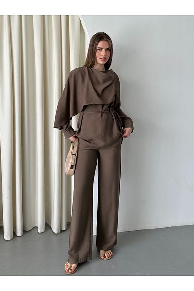 Laluvia Brown Drape Collar Blouse Trousers Set - 8625