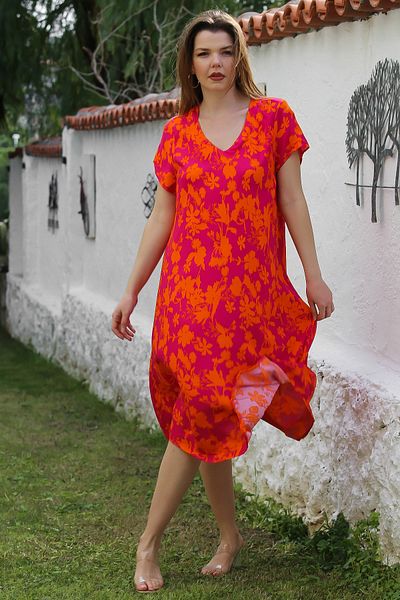 Chiccy Ροζ-πορτοκαλί V-Neck Allover εμπριμέ casual φόρεμα βισκόζης 115 66