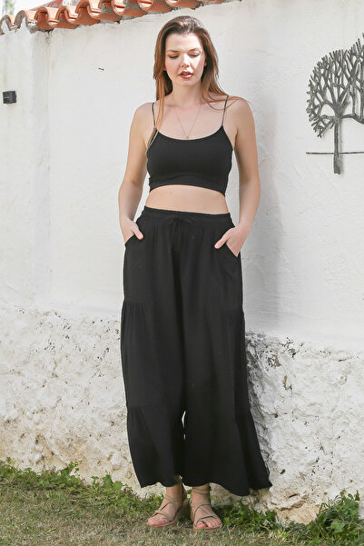 Chiccy Black Pocket and Tie Waist Spanish Leg, Casual Viscose Woven Pants