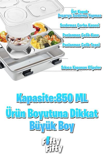 Vagonlife 850ml Large Size Stainless Steel Single Layer Four Compartment Lunch Box with Soup Bowl