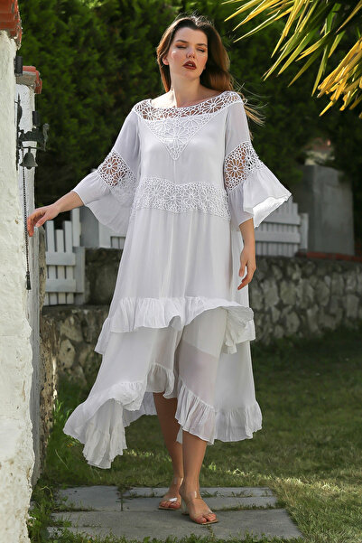 Chiccy Λευκό λαιμόκοψη, φούστα με επένδυση, βολάν casual φόρεμα με δαντέλα μανίκι και άκρη