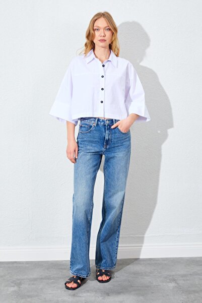 TENA Γυναικείο πουκάμισο από λευκό χαμηλό μανίκι με στριφώματα Crop Poplin