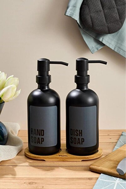 HOMENIVA Lozione Siyah 2’li Stantlı Cam Mutfak Sıvı Sabunluk Seti – Bambu Sta...