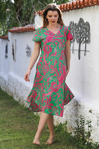 Chiccy Πράσινο/Φούξια V λαιμόκοψη ALlover εμπριμέ casual υφαντό φόρεμα βισκόζης 115/66