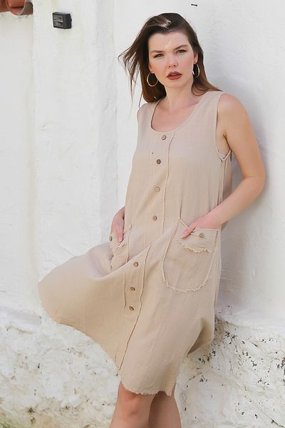 Chiccy Μπεζ γιακά πισίνας, αμάνικο φόρεμα με τσέπες με κουμπιά που πλένεται με βούρτσες