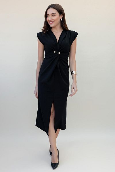 Aventien Rochie midi neagră căptușită cu perle