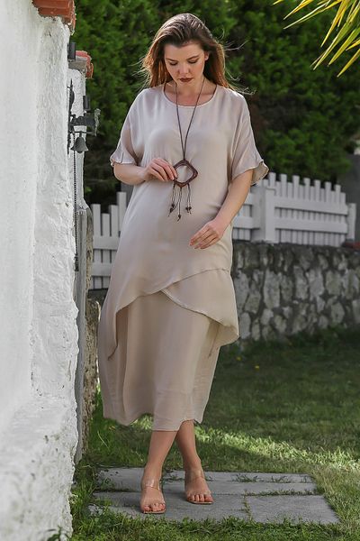 Chiccy Μπεζ casual υφαντό φόρεμα - κοντό μανίκι με ποτό και διπλή στρώση