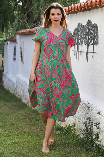 Chiccy Πράσινο/Φούξια V λαιμόκοψη ALlover εμπριμέ casual υφαντό φόρεμα βισκόζης 115/66