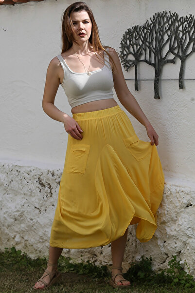 Chiccy Sarı Cepli İnce Astarlı Çift Katlı Lastikli Bel Casual Dokuma Etek 90 60