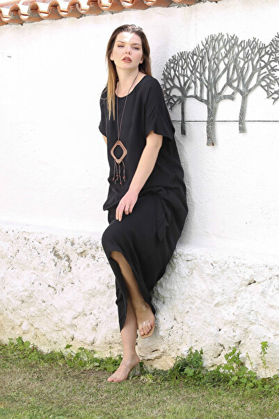 Chiccy Μαύρο casual φόρεμα - κοντό μανίκι & κοντό γιακά, διπλή στρώση ύφανσης