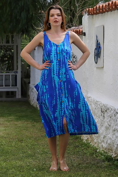 Chiccy Turquoise Straps Buttoned Pocket Allover Printed Casual Viscose Woven Dress 115 60