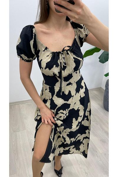 Nazline Women's Madonna Collar Tie Front Slit Short Sleeve Dress