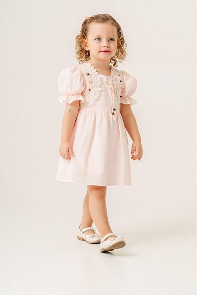 miss sofia Girl's Lace Detailed Front Tie Smocked Sleeve Dress