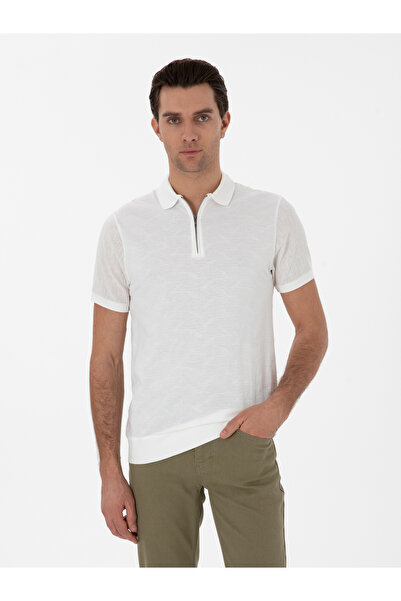 Cacharel Ecru Regular Fit Zippered Polo Neck Patterned T-Shirt 50302727-Vr019