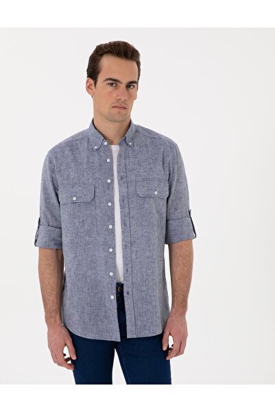 Pierre Cardin Lacivert Keten Karışımlı Regular Fit Uzun Kollu Gömlek 50301752...