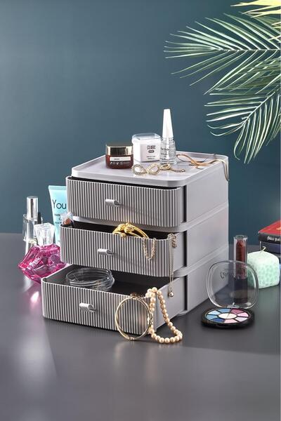 HOMENIVA Triobox 3'lü Gri Takı, Makyaj Ve Kozmetik Düzenleyici Çekmece, Ofis Masa Düzenleyici