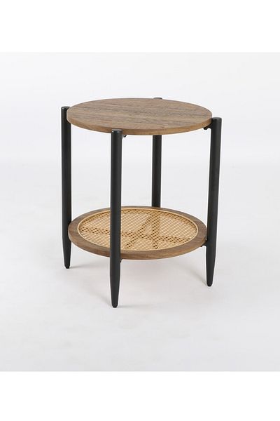 TrentonGCC Two-tier Round Side/coffee Table - Brown With Woven Shelf, 45cm X 55cm