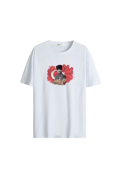 Gölge Store Red White Homeland Love Flag and Atatürk Printed Oversize Unisex T-Shirt 1396
