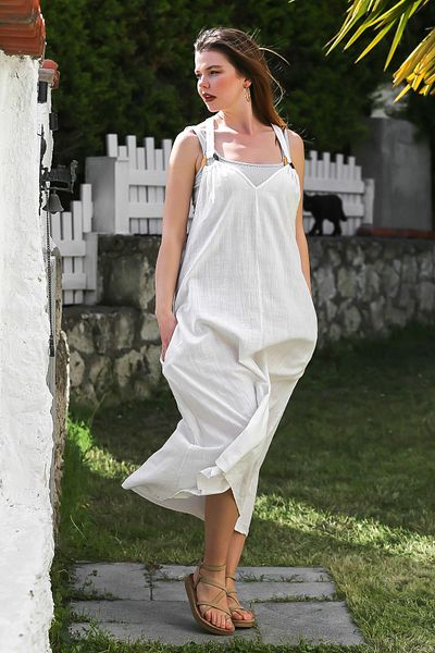 Chiccy Casual Κρεμ λουράκι με κρυφή τσέπη με αγκράφα Kaftan Style φόρεμα 135-58