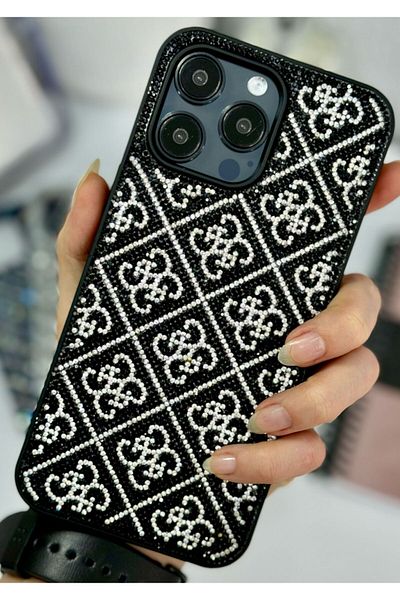 Go Aksesuar حافظة سيليكون متوهجة بتصميم ألماس منقوشة ومتوافقة مع هاتف Iphone 15 Pro