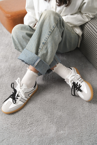 Moda Değirmeni White-Grey Women's Double Lace-Up Non-Slip Sole Sneaker Shoes Md1095-101-0003