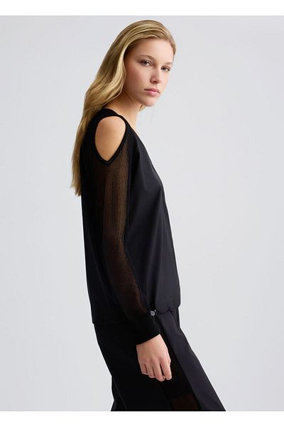 Liu Jo Women's Black Sweatshirt - V-Neck with Waist Mold, Open Sleeves and Tulle Detail