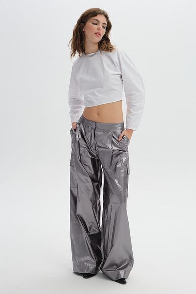 SHERIN Wide Leg Metallic Gray Pleated Trousers