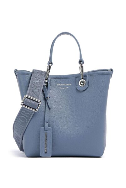 Emporio Armani Kadın Geniş Deri Kısa El Tutma Uzun Logo Detaylı Askı Mavi Omuz Çantası EW000362 AF12036-M8128