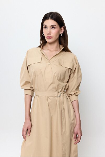 SHERIN Μπεζ 100% βαμβακερό φόρεμα μίντι μήκους