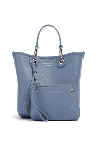 Emporio Armani Kadın Geniş Deri Kısa El Tutma Uzun Logo Detaylı Askı Mavi Omuz Çantası EW000362 AF12036-M8128