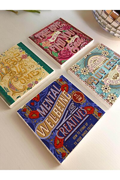 arslart مجموعة قواعد أكواب من الحجر الطبيعي الملون بطباعة حروف المدرسة القديم...