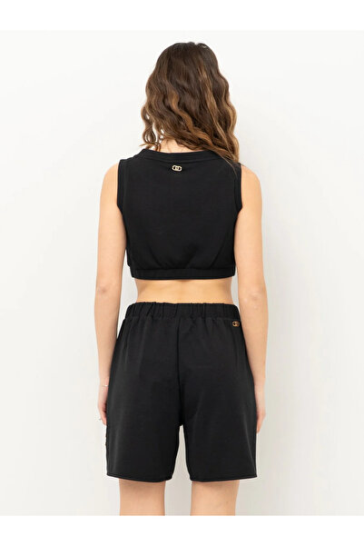 Liu Jo Γυναικεία κοντομάνικη Crop Oversize Στρογγυλή λαιμόκοψη Τριπλή Λεπτομέρεια Κλωστή Μαύρη Μπλούζα TA5270J4869-22222