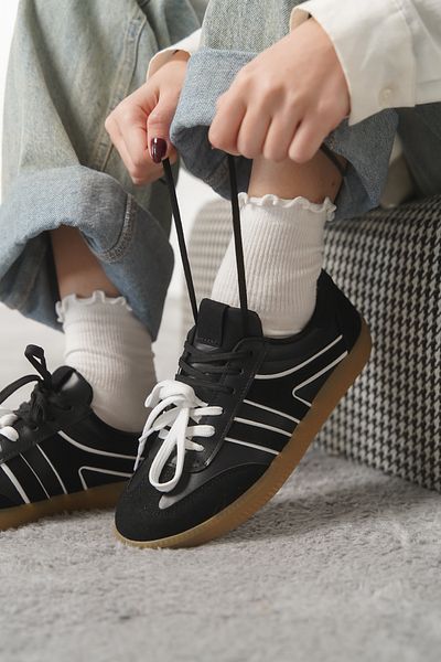 Moda Değirmeni Pantofi de damă alb-negru MD1095-101-0003 Talpă anti-alunecare cu șireturi duble
