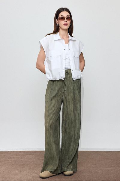 SHERIN Khaki Corded Palazzo Trousers with Elastic Waist