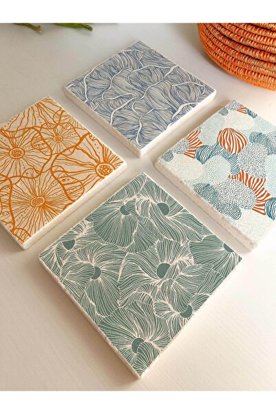 arslart مجموعة قواعد أكواب من الحجر الطبيعي بنمط زهور مجردة مكونة من 4 قطع هد...