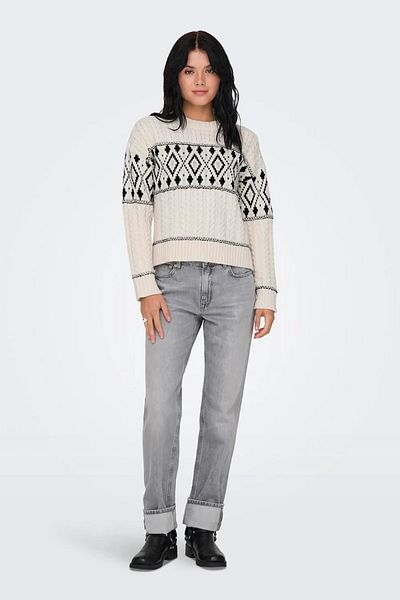 ONLY Ecru Colored Long Sleeve Patterned Women's Knitted Sweater - Crew Neck 15314887