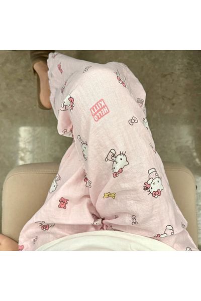 Miniso M A Sanrio Hello Kitty Pure Polyester Pajama Pants Wide Kawaii Kitty Leg Pants Summer Thin High Wais