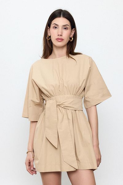 SHERIN Beige 100% Cotton Mini Dress with Belt