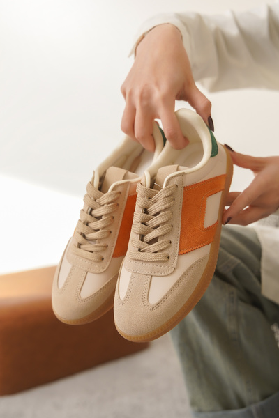 Moda Değirmeni Orange-Green Women's Color Block Sneaker Shoes Md1095-101-0002