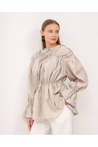 Molly Nelly Women's Ruffled Lacing Cuff Detailed Modal Stone Shirt