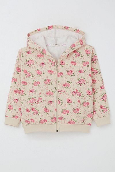 Breeze Beige Girl's Cardigan Floral Patterned Zippered Hooded 1.5-5 Years