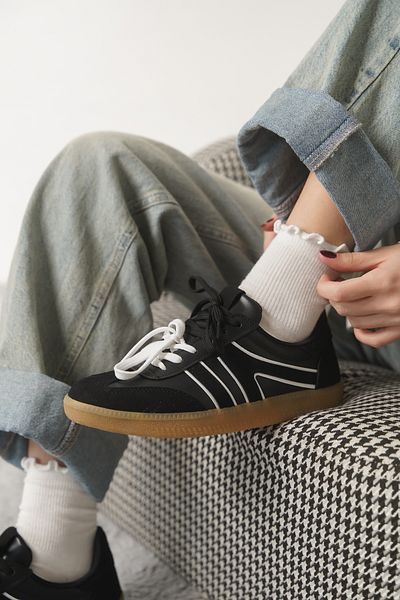 Moda Değirmeni Pantofi de damă alb-negru MD1095-101-0003 Talpă anti-alunecare cu șireturi duble