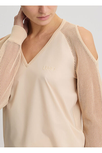 Liu Jo Kadın Normal Kalıp Beli Lastikli V Yaka Omzu Açık Kolları Tül Detaylı Bej Sweatshirt TA5070T2900-412