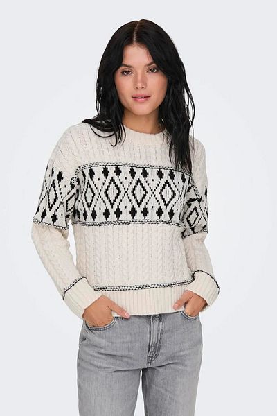 ONLY Ecru Colored Long Sleeve Patterned Women's Knitted Sweater - Crew Neck 15314887