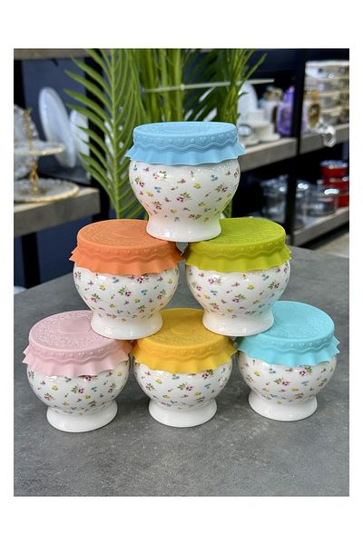 Doğudeko Luxury Enjoy Porcelain Set of 6 Chubby Breakfast with Silicone Covers