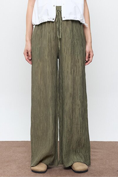 SHERIN Khaki Corded Palazzo Trousers with Elastic Waist
