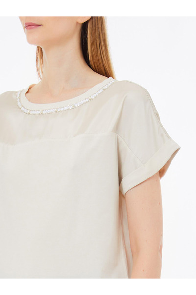 Liu Jo Γυναικεία κανονική εφαρμογή με στρογγυλή λαιμόκοψη 100% βαμβακερό κοντομάνικο μπεζ μπλουζάκι WA5159J5923-20304