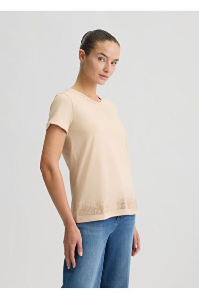 Liu Jo Γυναικείο μπλουζάκι κανονικής εφαρμογής 100% βαμβακερό μπεζ με LOGO στο στήθος